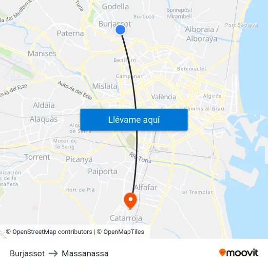 Burjassot to Massanassa map