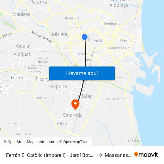 València. Ferran El Catòlic (Imparell) - Jardí Botànic to Massanassa map