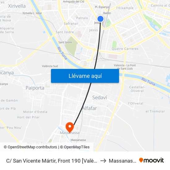 C/ San Vicente Mártir, Front 190  [València] to Massanassa map