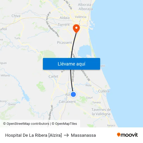 Hospital De La Ribera [Alzira] to Massanassa map