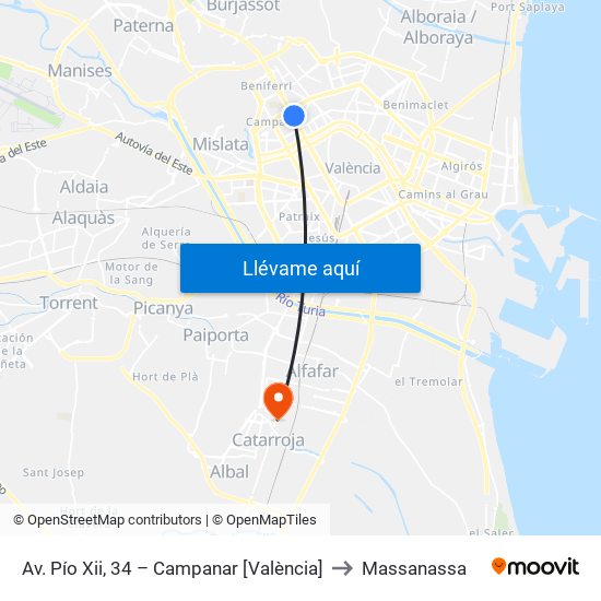 Av. Pío Xii, 34 – Campanar [València] to Massanassa map