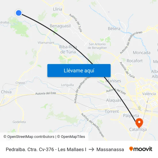 Pedralba. Ctra. Cv-376 - Les Mallaes I to Massanassa map