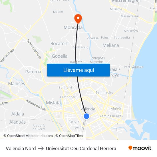 Valencia Nord to Universitat Ceu Cardenal Herrera map