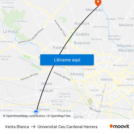 Venta Blanca to Universitat Ceu Cardenal Herrera map