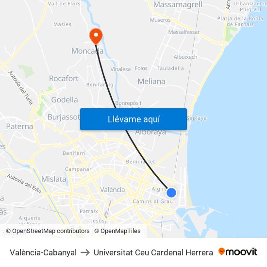 València-Cabanyal to Universitat Ceu Cardenal Herrera map