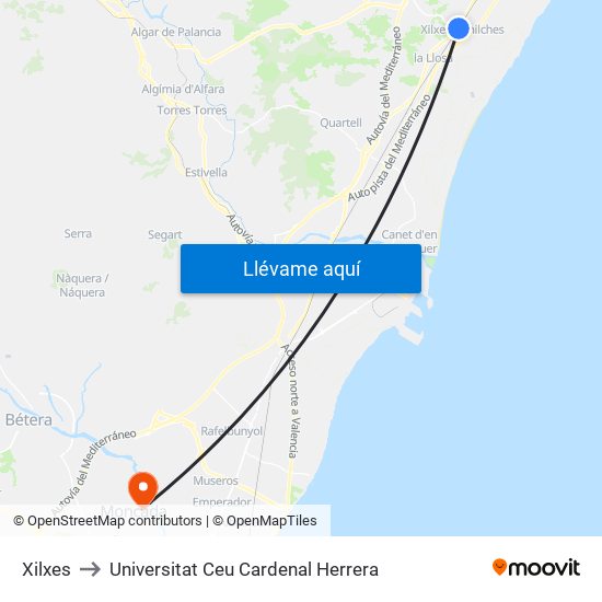 Xilxes to Universitat Ceu Cardenal Herrera map