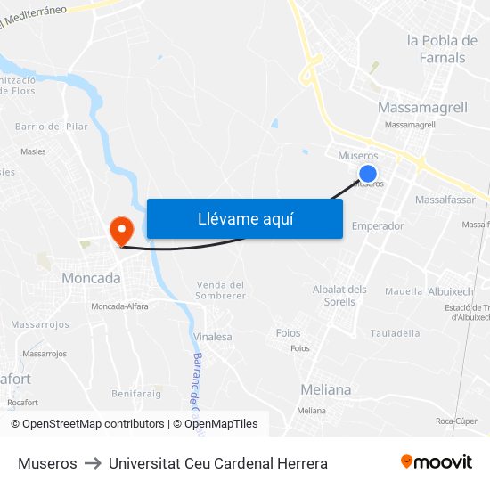 Museros to Universitat Ceu Cardenal Herrera map