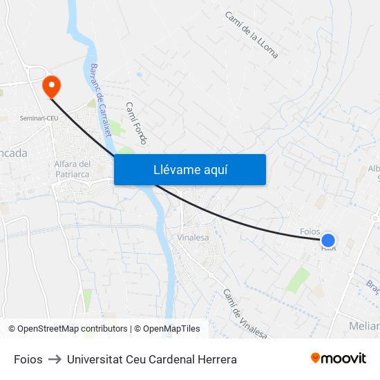 Foios to Universitat Ceu Cardenal Herrera map