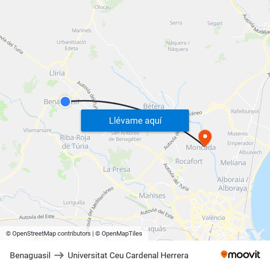 Benaguasil to Universitat Ceu Cardenal Herrera map