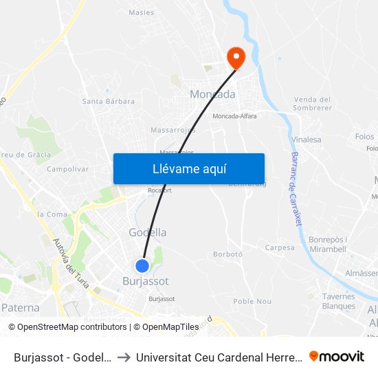 Burjassot - Godella to Universitat Ceu Cardenal Herrera map