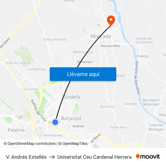 V. Andrés Estellés to Universitat Ceu Cardenal Herrera map