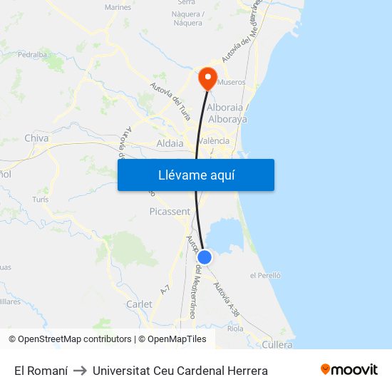 El Romaní to Universitat Ceu Cardenal Herrera map