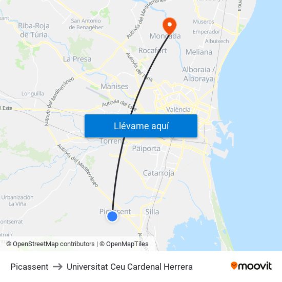 Picassent to Universitat Ceu Cardenal Herrera map