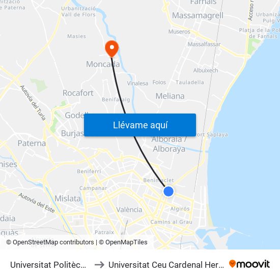 Universitat Politècnica to Universitat Ceu Cardenal Herrera map