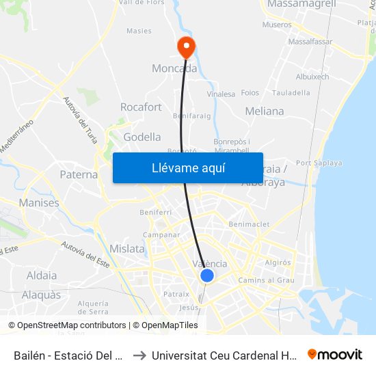 Estació Del Nord - Bailén to Universitat Ceu Cardenal Herrera map