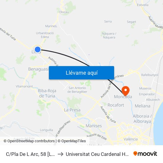 C/Pla De L Arc, 58 [Llíria] to Universitat Ceu Cardenal Herrera map