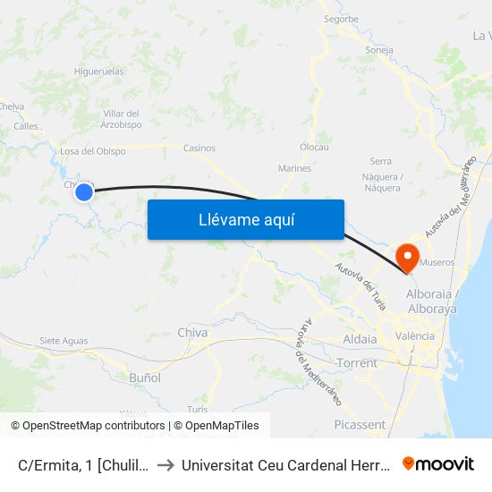 C/Ermita, 1 [Chulilla] to Universitat Ceu Cardenal Herrera map