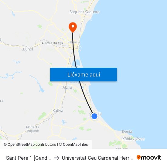 Sant Pere 1 [Gandia] to Universitat Ceu Cardenal Herrera map