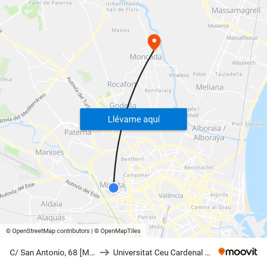 C/ San Antonio, 68 [Mislata] to Universitat Ceu Cardenal Herrera map