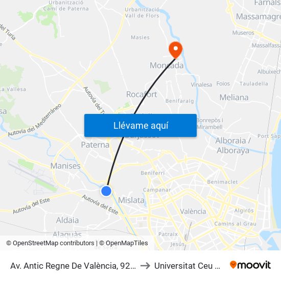 Av. Antic Regne De València, 92 - Cebera [Quart De Poblet] to Universitat Ceu Cardenal Herrera map