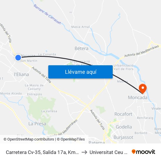 Carretera Cv-35, Salida 17a, Km. 17,5 [La Pobla De Vallbona] to Universitat Ceu Cardenal Herrera map