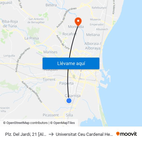 Plz. Del Jardí, 21 [Albal] to Universitat Ceu Cardenal Herrera map