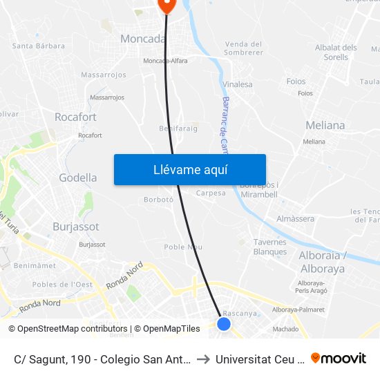 C/ Sagunt, 190 - Colegio San Antonio Abad Salesianos [València] to Universitat Ceu Cardenal Herrera map