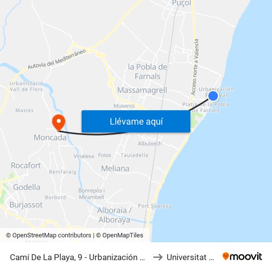 Camí De La Playa, 9 - Urbanización Puig-Val (Front Marquesina) [El Puig De Santa María] to Universitat Ceu Cardenal Herrera map