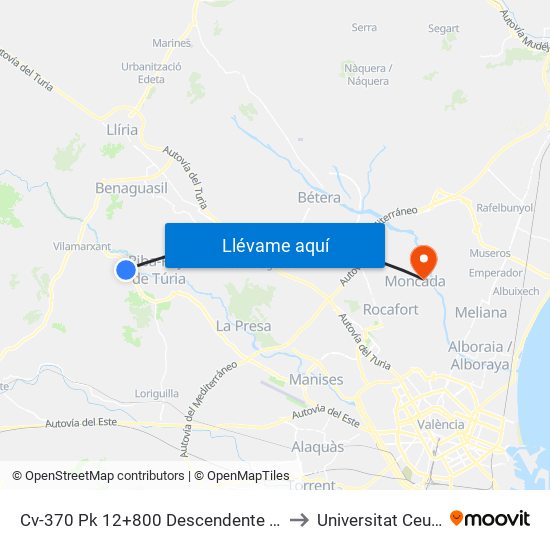 Cv-370 Pk 12+800 Descendente - Hidroeléctrica [Riba-Roja De Túria] to Universitat Ceu Cardenal Herrera map