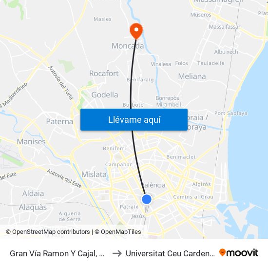 Gran Vía Ramon Y Cajal, 9 [València] to Universitat Ceu Cardenal Herrera map