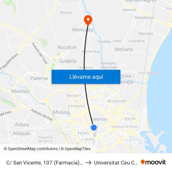 C/ San Vicente, 107 (Farmacia) (Plaza España) [València] to Universitat Ceu Cardenal Herrera map
