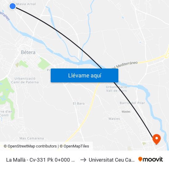 La Mallà - Cv-331 Pk 0+000 Descendente [Bétera] to Universitat Ceu Cardenal Herrera map