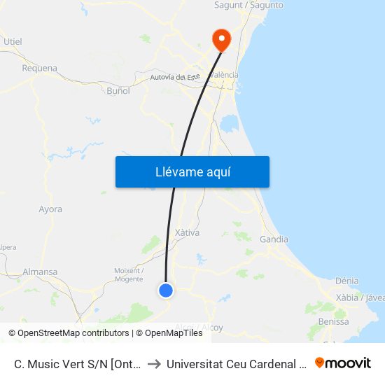 C. Music Vert S/N [Ontinyent] to Universitat Ceu Cardenal Herrera map