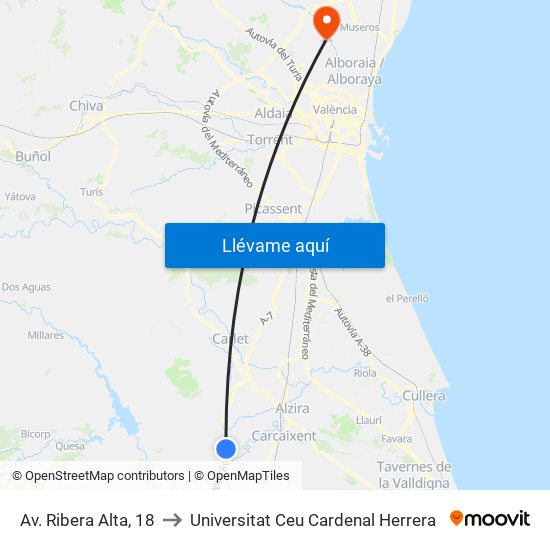 Av. Ribera Alta, 18 to Universitat Ceu Cardenal Herrera map