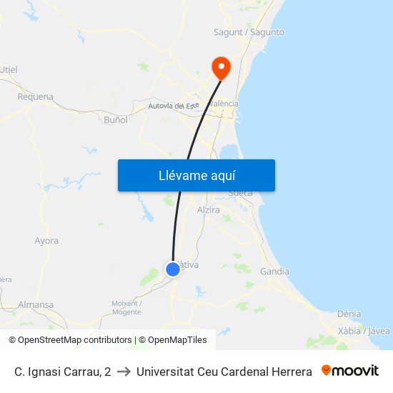 C. Ignasi Carrau, 2 to Universitat Ceu Cardenal Herrera map