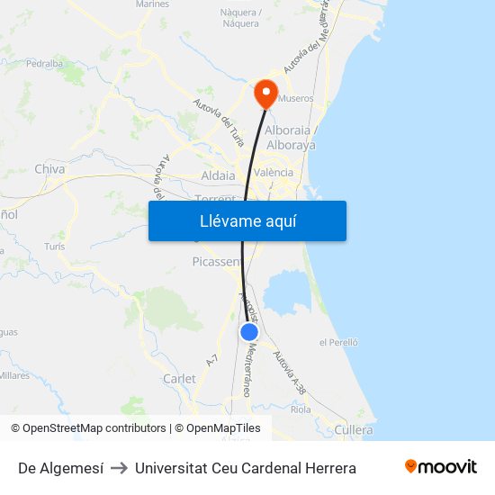 De Algemesí to Universitat Ceu Cardenal Herrera map