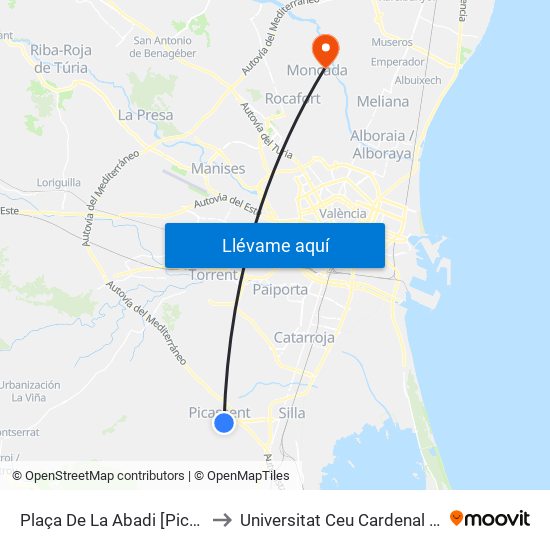 Plaça De La Abadi [Picassent] to Universitat Ceu Cardenal Herrera map