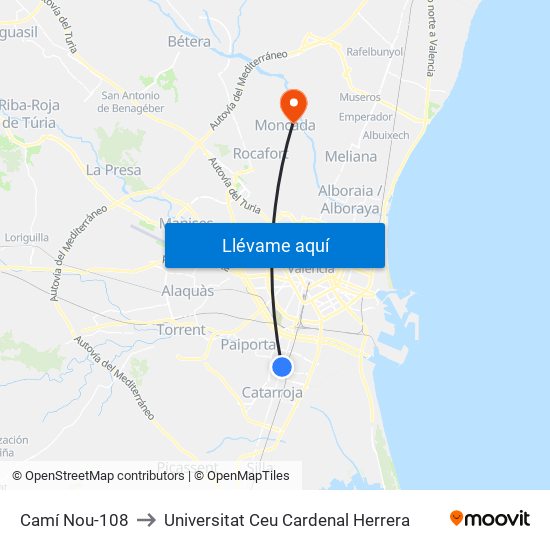 Camí Nou-108 to Universitat Ceu Cardenal Herrera map