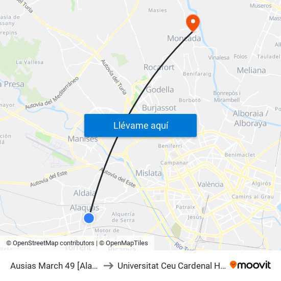Ausias March 49 [Alaquàs] to Universitat Ceu Cardenal Herrera map
