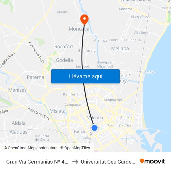 Gran Vía Germanias Nº 41 [València] to Universitat Ceu Cardenal Herrera map