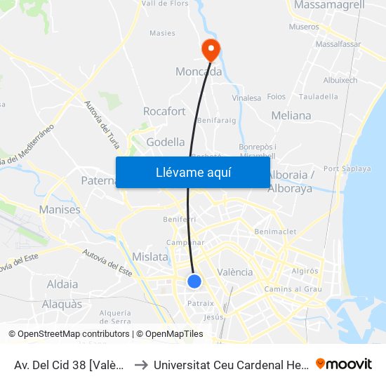 Av. Del Cid 38 [València] to Universitat Ceu Cardenal Herrera map