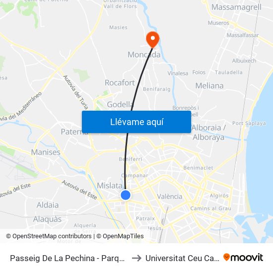 Passeig De La Pechina - Parque Cabecera [València] to Universitat Ceu Cardenal Herrera map