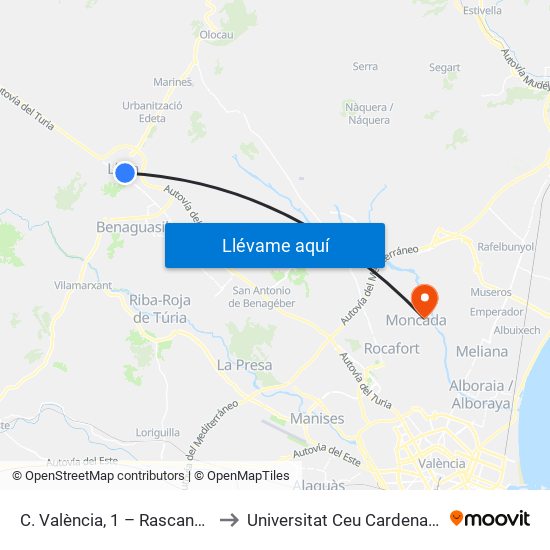 C. València, 1 – Rascanya [Llíria] to Universitat Ceu Cardenal Herrera map