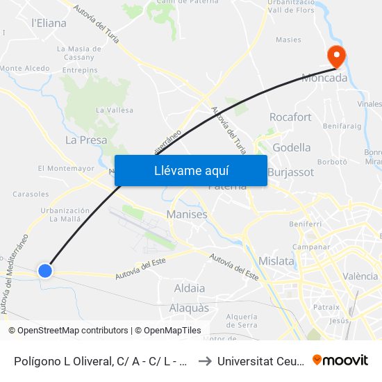 Polígono L Oliveral, C/ A - C/ L - Gasolinera Bp [Riba-Roja De Túria] to Universitat Ceu Cardenal Herrera map