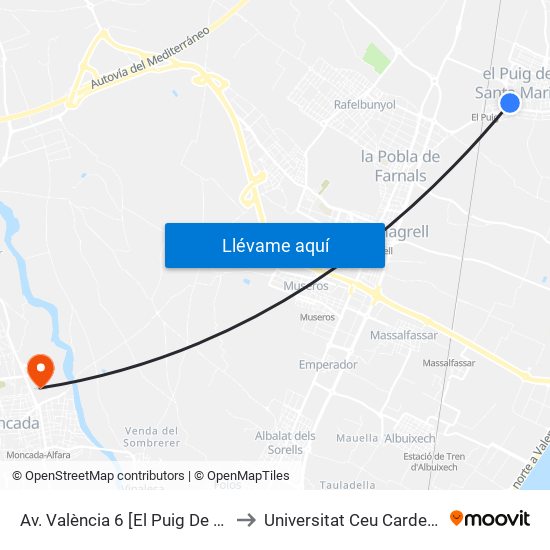 Av. València 6 [El Puig De Santa María] to Universitat Ceu Cardenal Herrera map