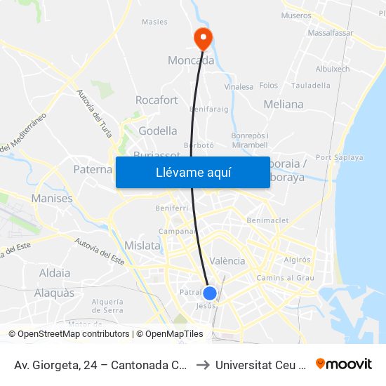 Av. Giorgeta, 24 – Cantonada C/ Mora De Rubielos [València] to Universitat Ceu Cardenal Herrera map