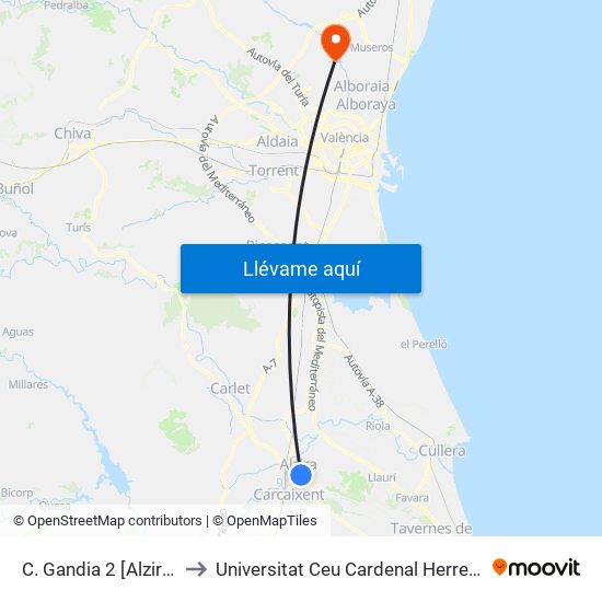 C. Gandia 2 [Alzira] to Universitat Ceu Cardenal Herrera map
