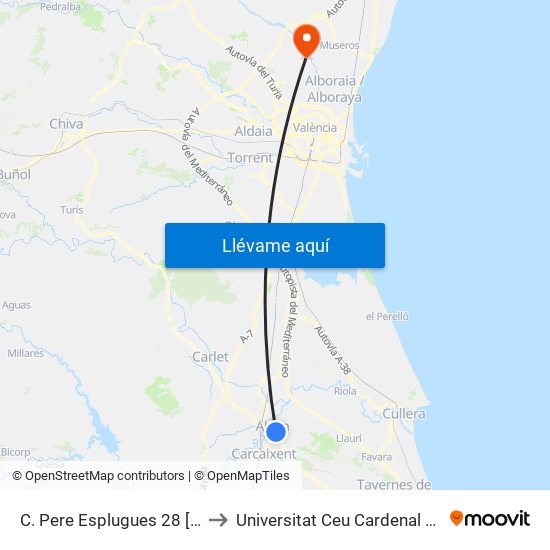 C. Pere Esplugues 28 [Alzira] to Universitat Ceu Cardenal Herrera map