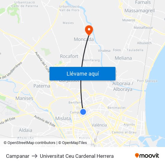 Pius XII (Imparell) - Metro Campanar to Universitat Ceu Cardenal Herrera map