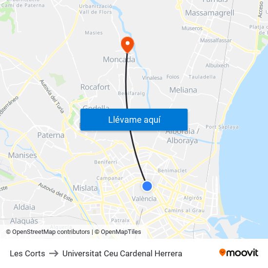 Les Corts to Universitat Ceu Cardenal Herrera map